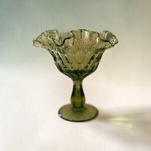 Fenton Colonial Green Thumbprint Ruffled Compote Glass 6" Pedestal Dish Vintage